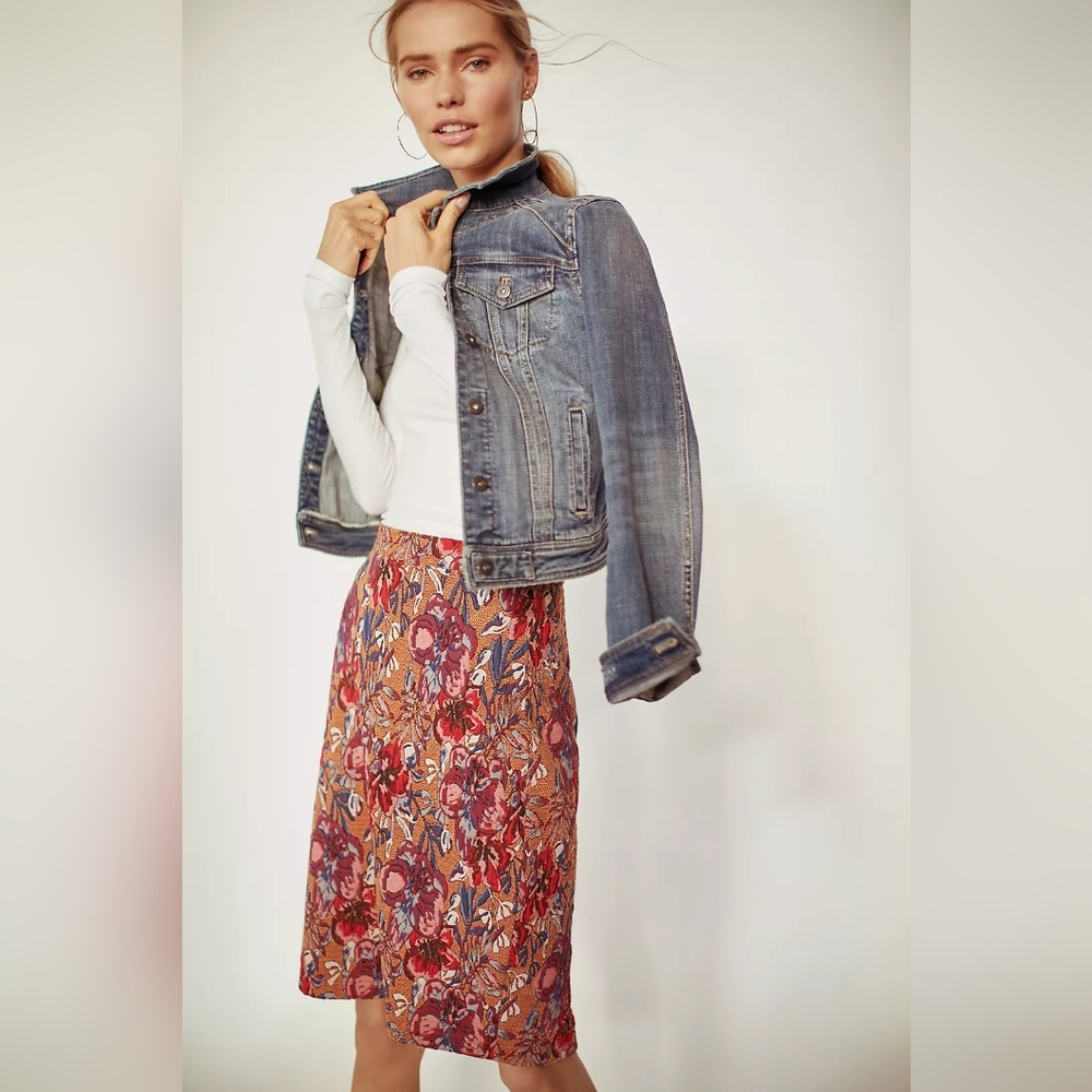 Maeve Anthropologie Floral “Golden Bliss” Pencil Skirt – Wool Boho Fall | Size S